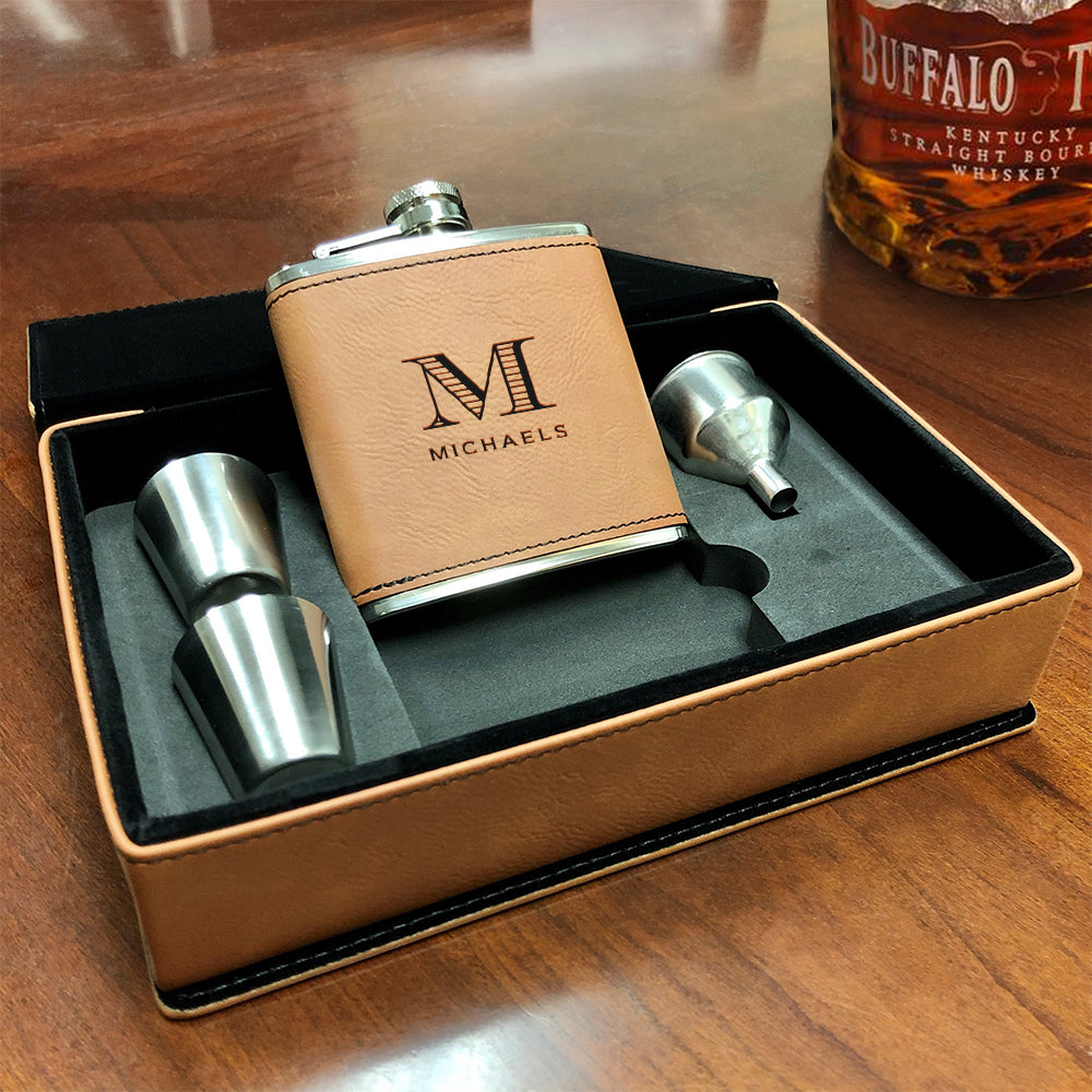 Brown Custom Engraved Flask Gift Set - Choose Style