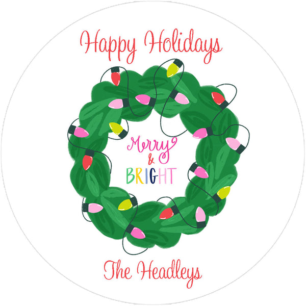 Christmas Lights Wreath Round Stickers