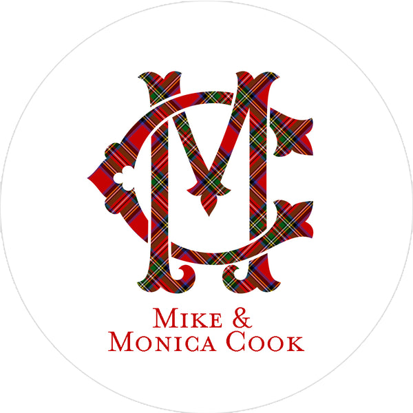 Red Plaid Round Monogram Stickers