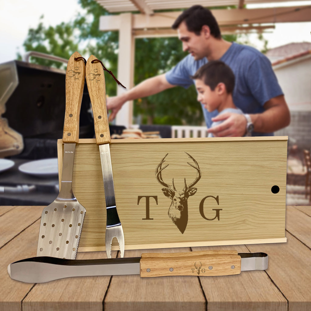 Engraved Wood Grill Set, Custom Grilling Tools