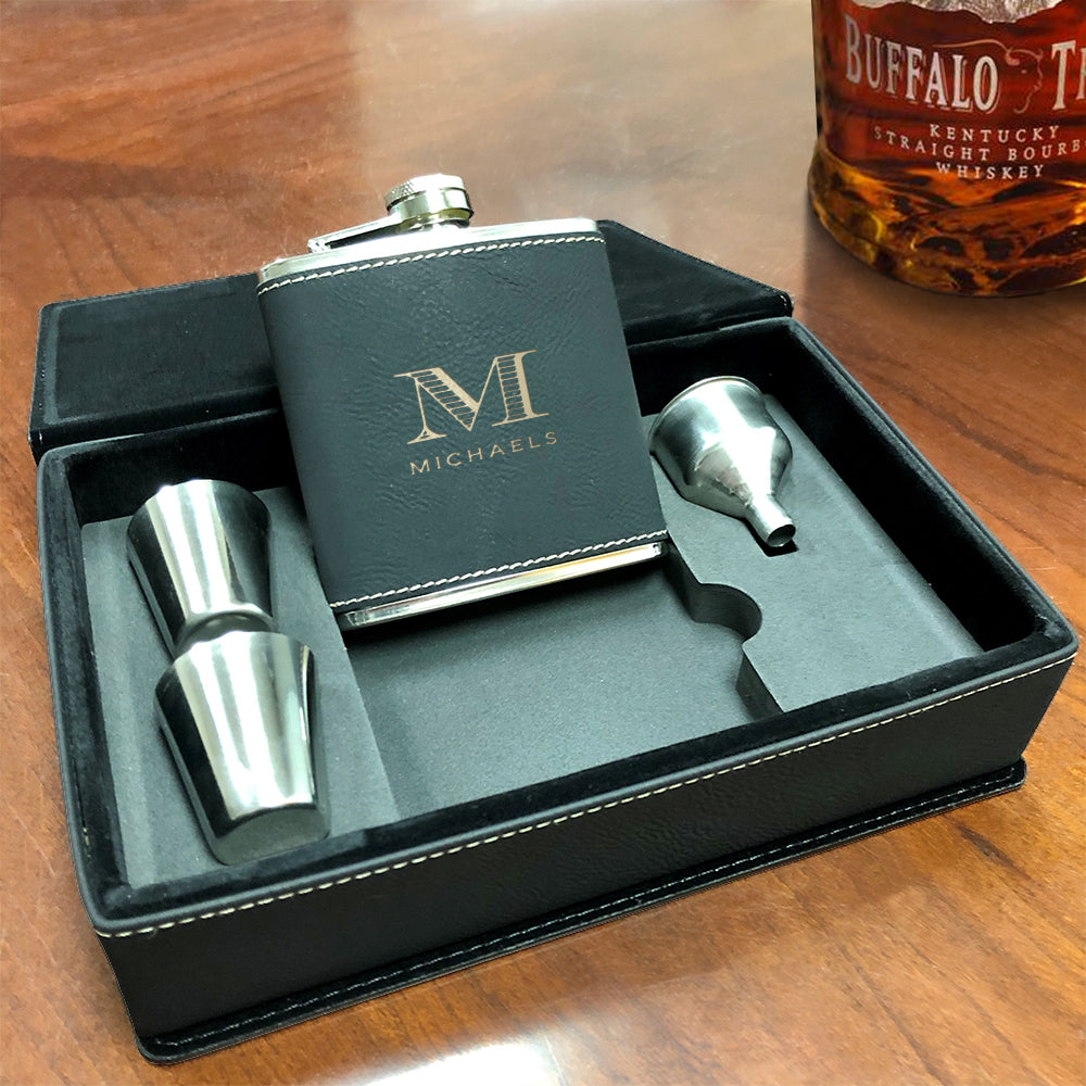 Black Custom Engraved Flask Gift Set - Choose Style